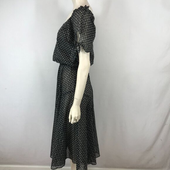 VINTAGE BLACK FLORAL SHORT SLEEVE V NECK FIT & FLARE SHEER DRESS W/BELT WOMENS - Picture 3 of 5